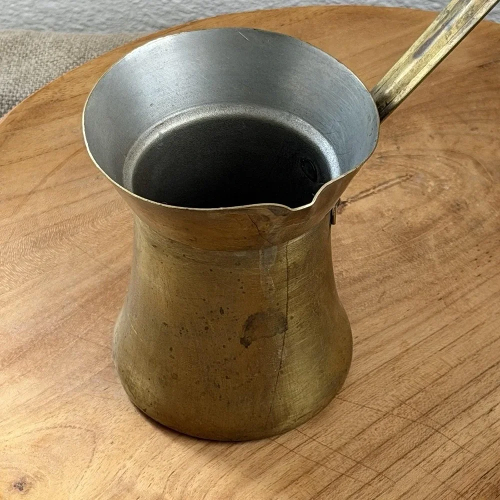 Antique Brass Cezve Turkish Coffee Pot Ibrik Size 5 Long Handle Tin Lined Patina